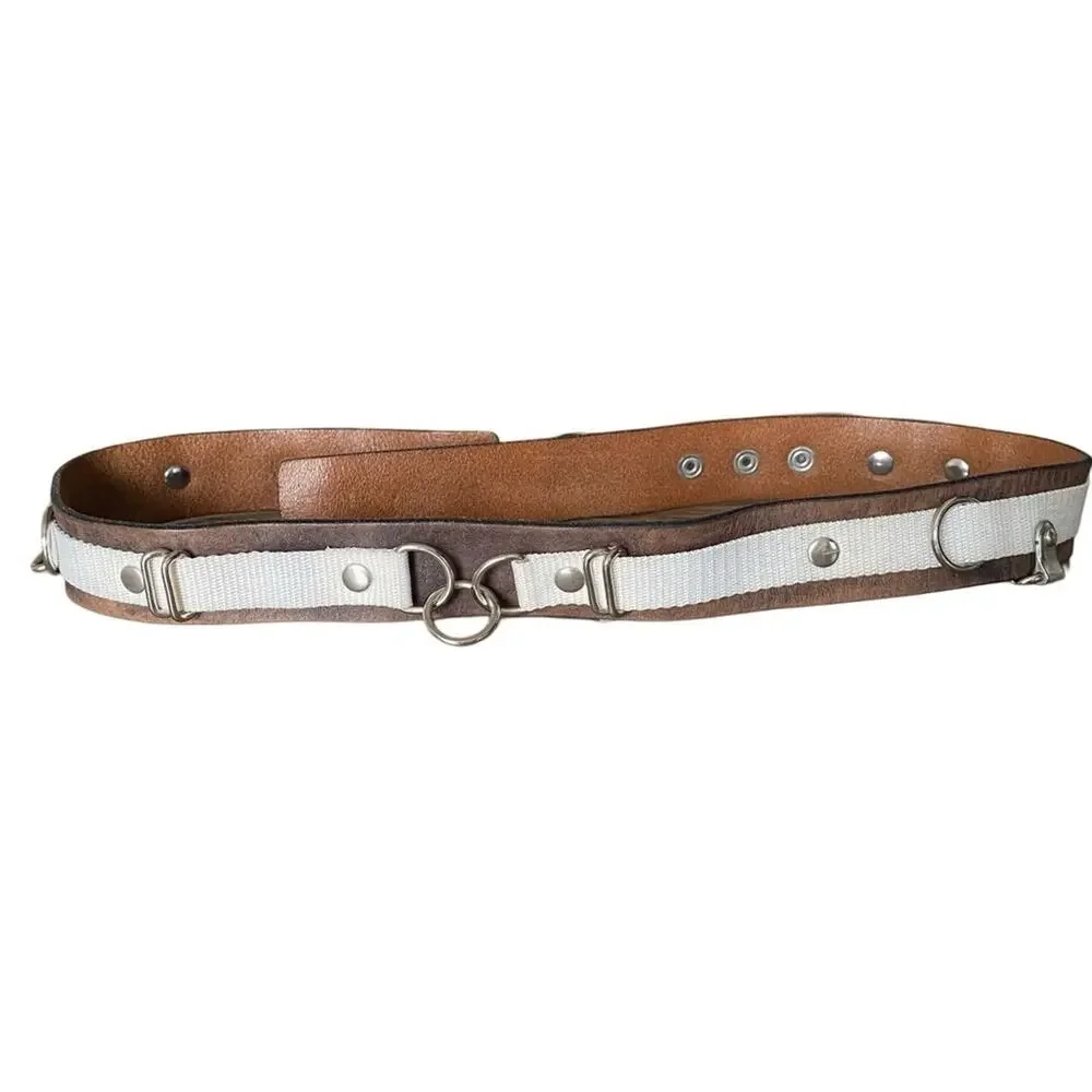 Armani Exchange Brown Leather Waist Belt Canvas Silver Loops size medium